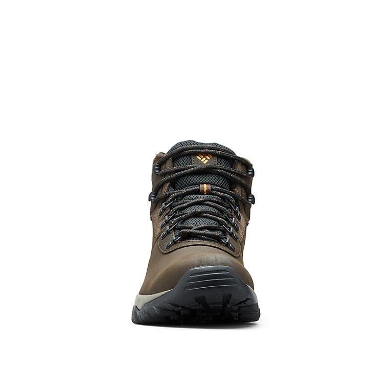 Back view of brown lace-up ankle hiking boots with padded heel and collar