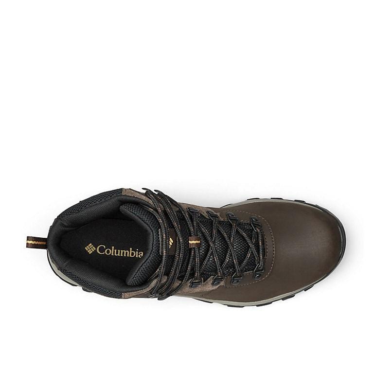 Brown hiking boot with black lining and lace-up eyelets, heel view