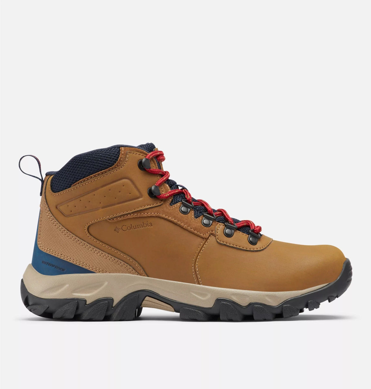 Brown waterproof hiking boots with navy collar, red laces, and gray lug sole
