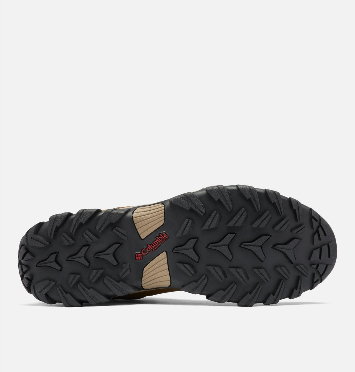 Rubber hiking boot outsole with deep tread and tan flex insert
