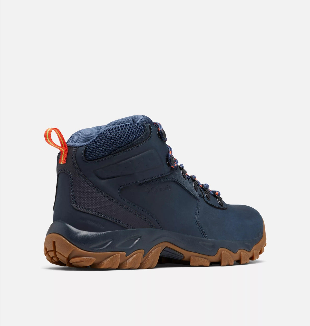 Navy waterproof hiking boot with orange lace pull and rugged brown outsole tread.