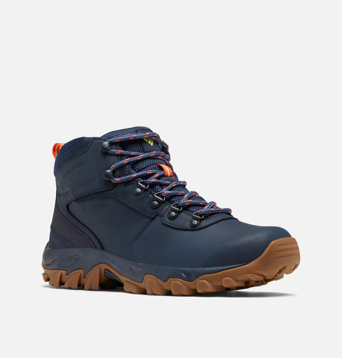 Navy waterproof hiking boots with tan lug sole and multicolor lace-up design