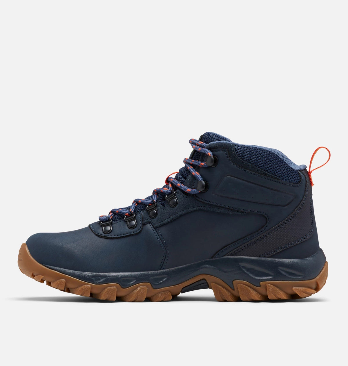 Navy waterproof hiking boots with breathable mesh upper and tan lug sole