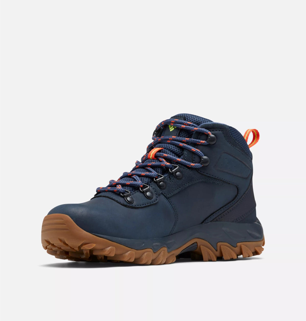 Navy waterproof hiking boots with tan lug sole, orange-red lace accents