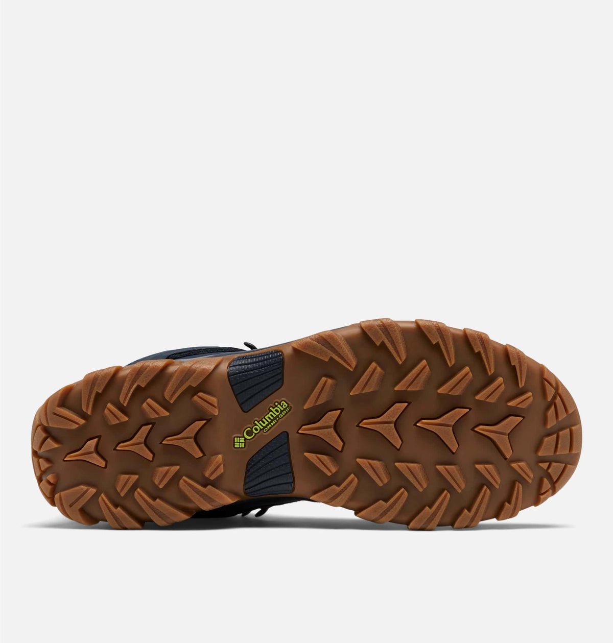 Brown rubber outsole with deep tread pattern for hiking traction.