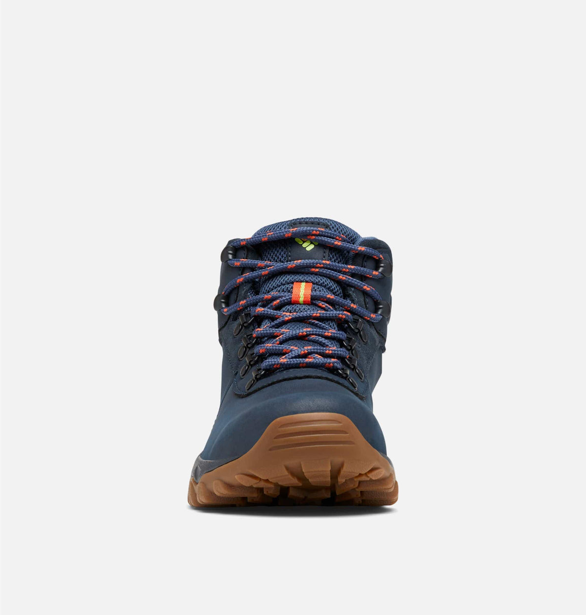 Navy waterproof hiking boots with lace-up closure and tan lug sole, rear view