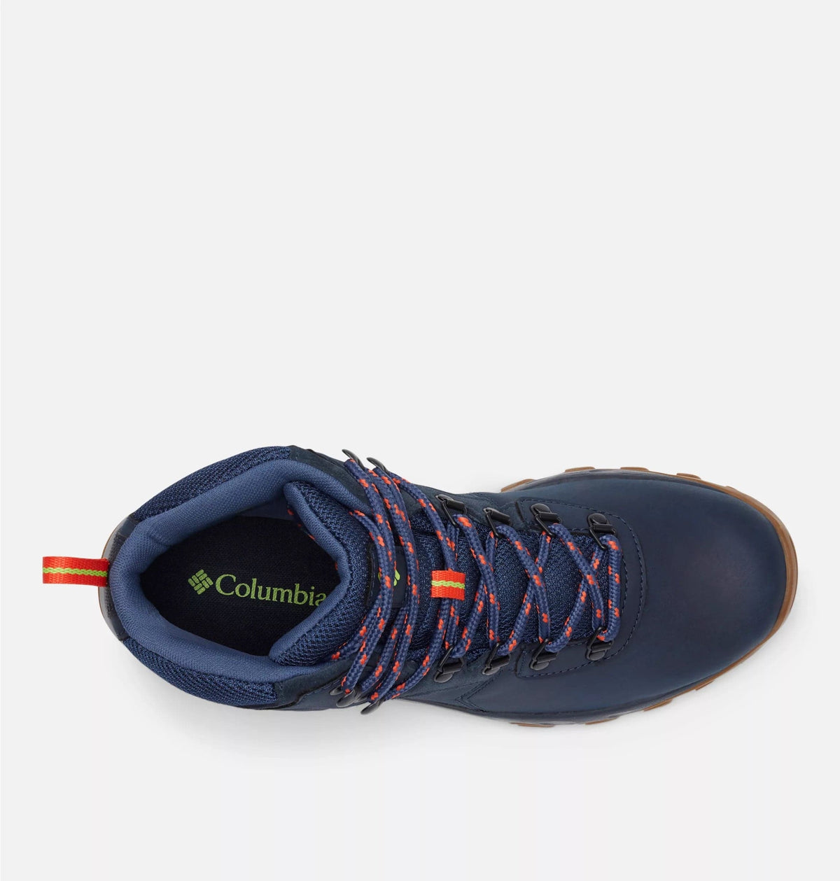 Navy waterproof hiking boot interior view with lace-up detail and orange/red threads.