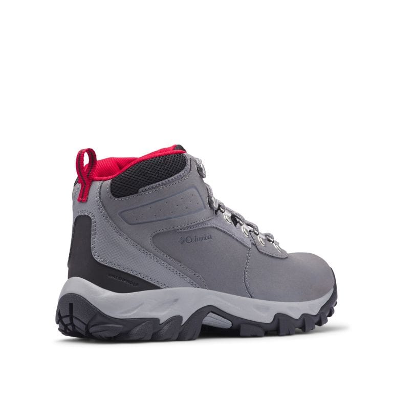 Gray waterproof hiking boot with black overlays and bright red pull tab at heel.