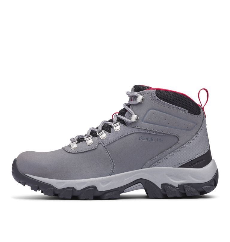 Light gray waterproof hiking boot with black laces and red lace-pull accent