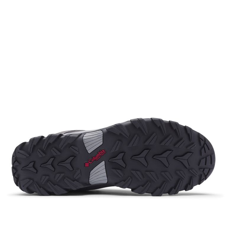 Black rubber outsole with deep tread and Columbia logo in red
