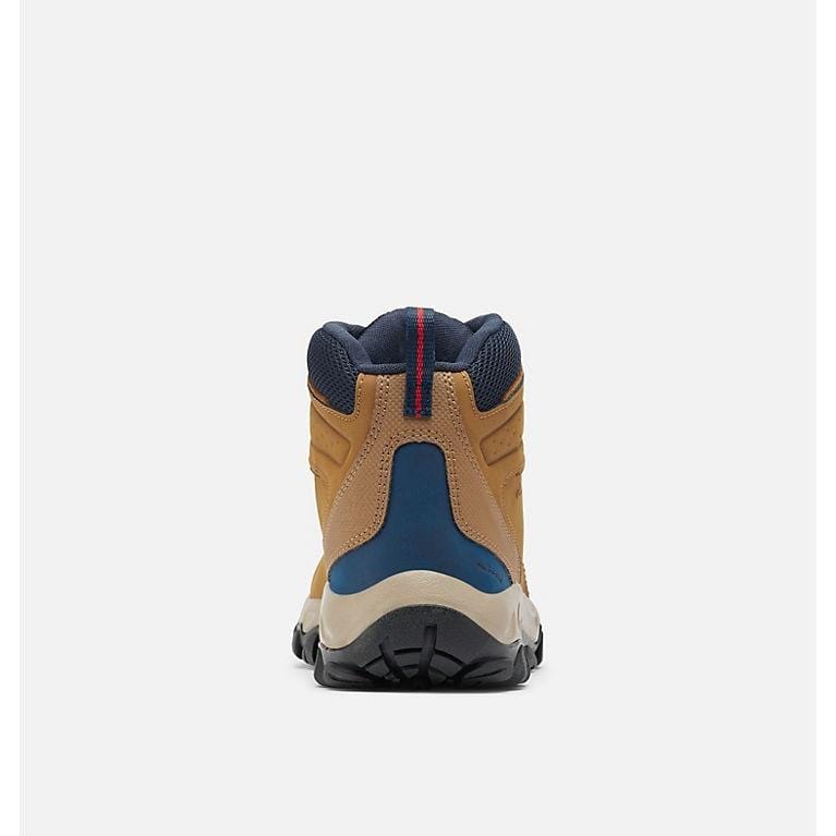 Hiking boots heel view in tan with blue inserts and black outsole