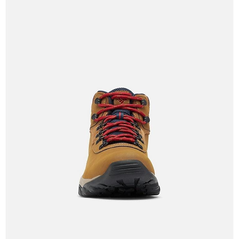 Hiking boots front view in tan with red laces and black traction outsole