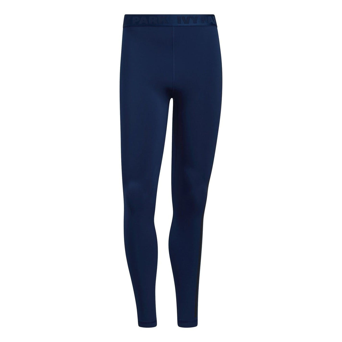 Navy biking leggings with full-length three-stripe side panels and high waist