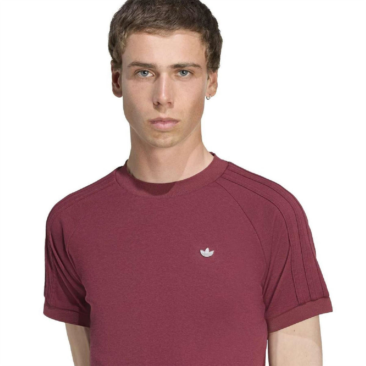 Maroon T-shirt with small adidas logo and raglan shoulder seams