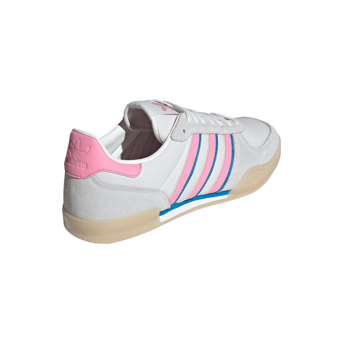 adidas Originals indoor sneaker heel and side view with pink collar and striped panels