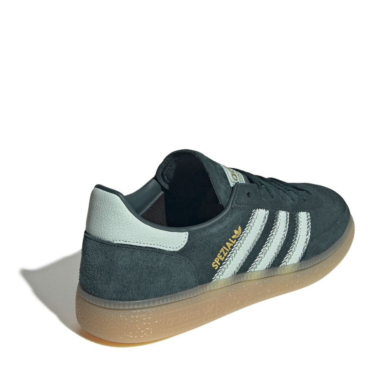 Women’s suede low-top sneakers, dark green with white heel tab and gum sole