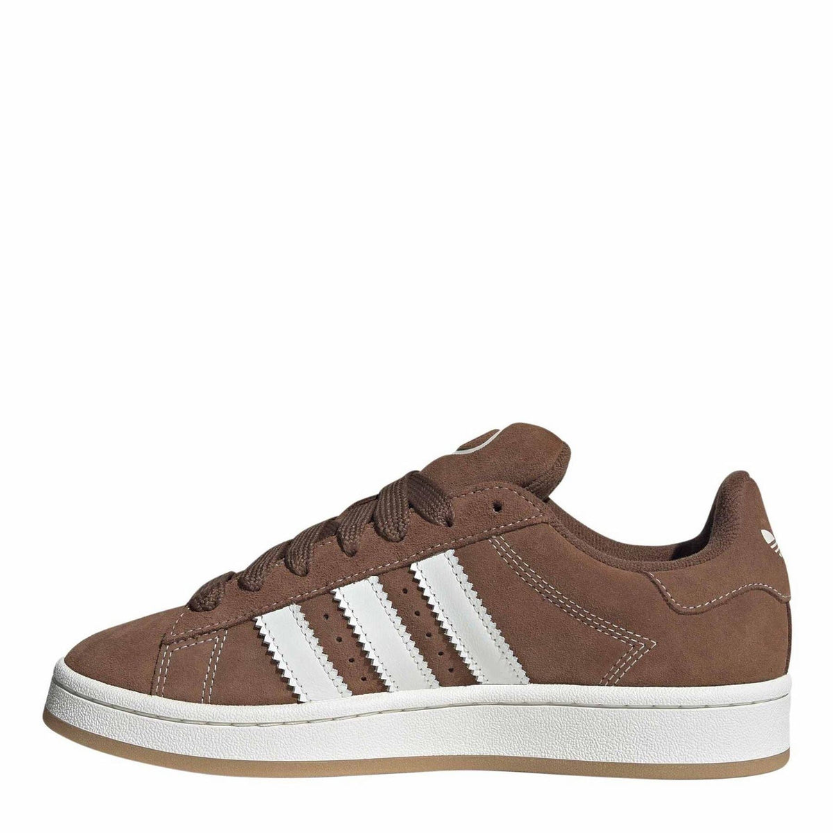Brown suede low-top sneakers with white triple stripes and lace-up front