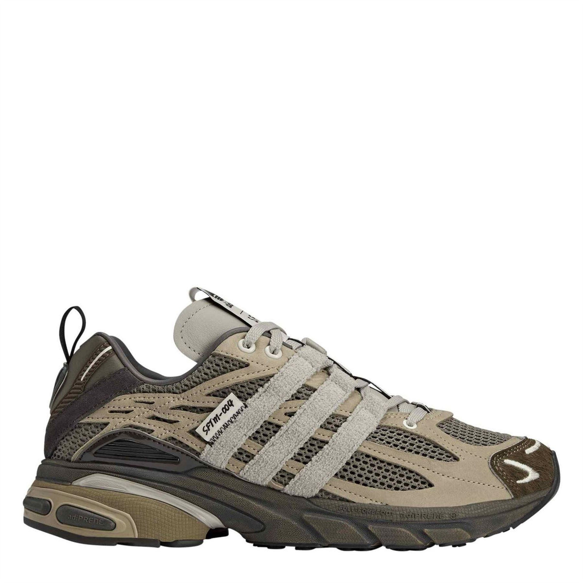 Adidas Originals Cushion STFM trainers showing a close-up of the grey and white athletic footwear with cushioned soles.