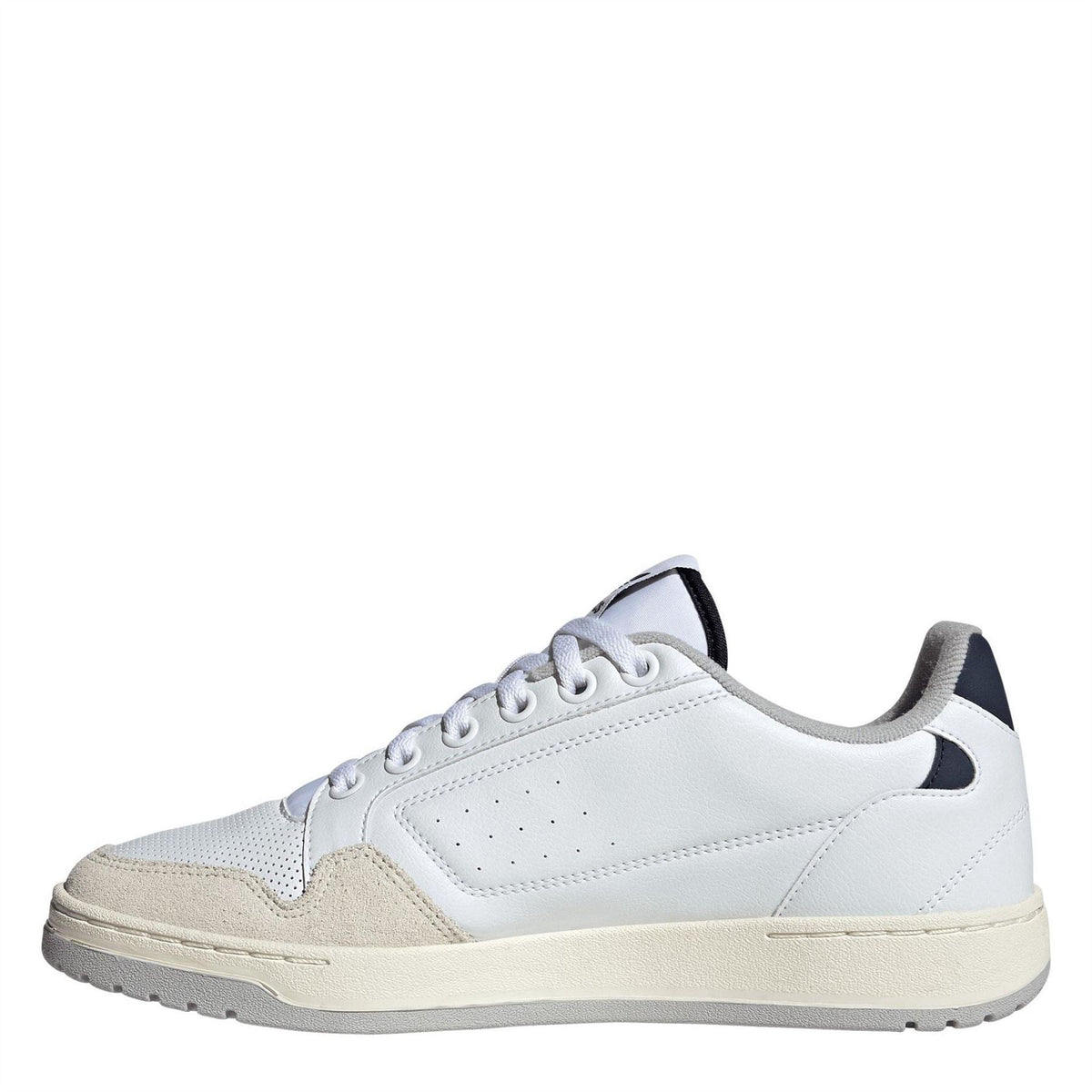 White low-top trainers with perforated toe, navy heel tab, and beige side panel