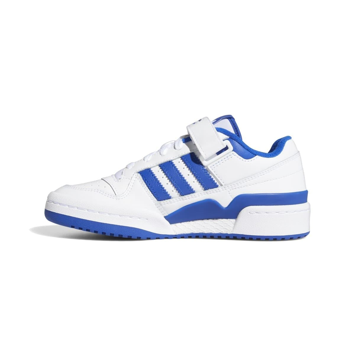 Kids white low-top sneakers with blue stripes and Velcro strap