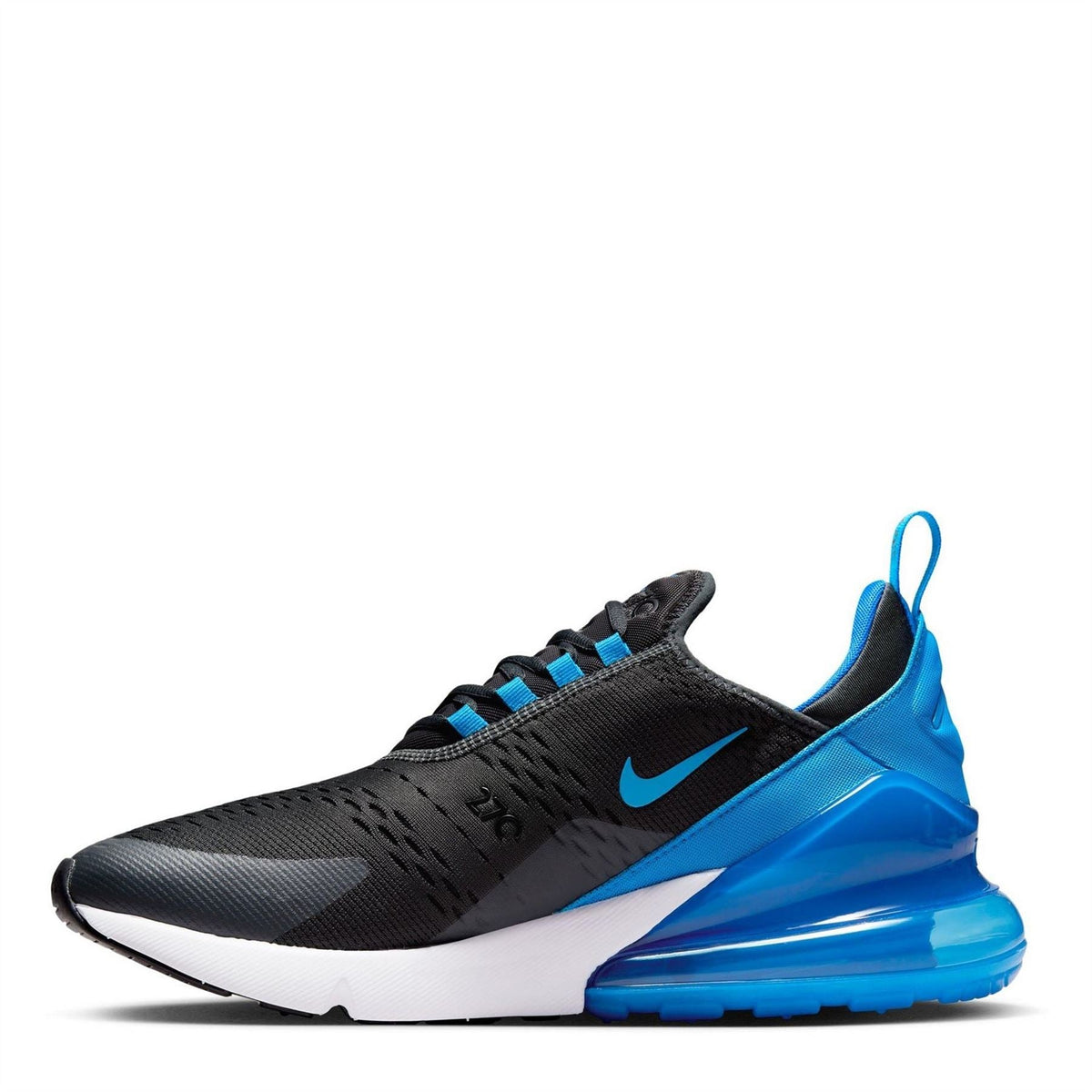 Nike Air Max 270 trainers, black mesh with blue trim and white midsole
