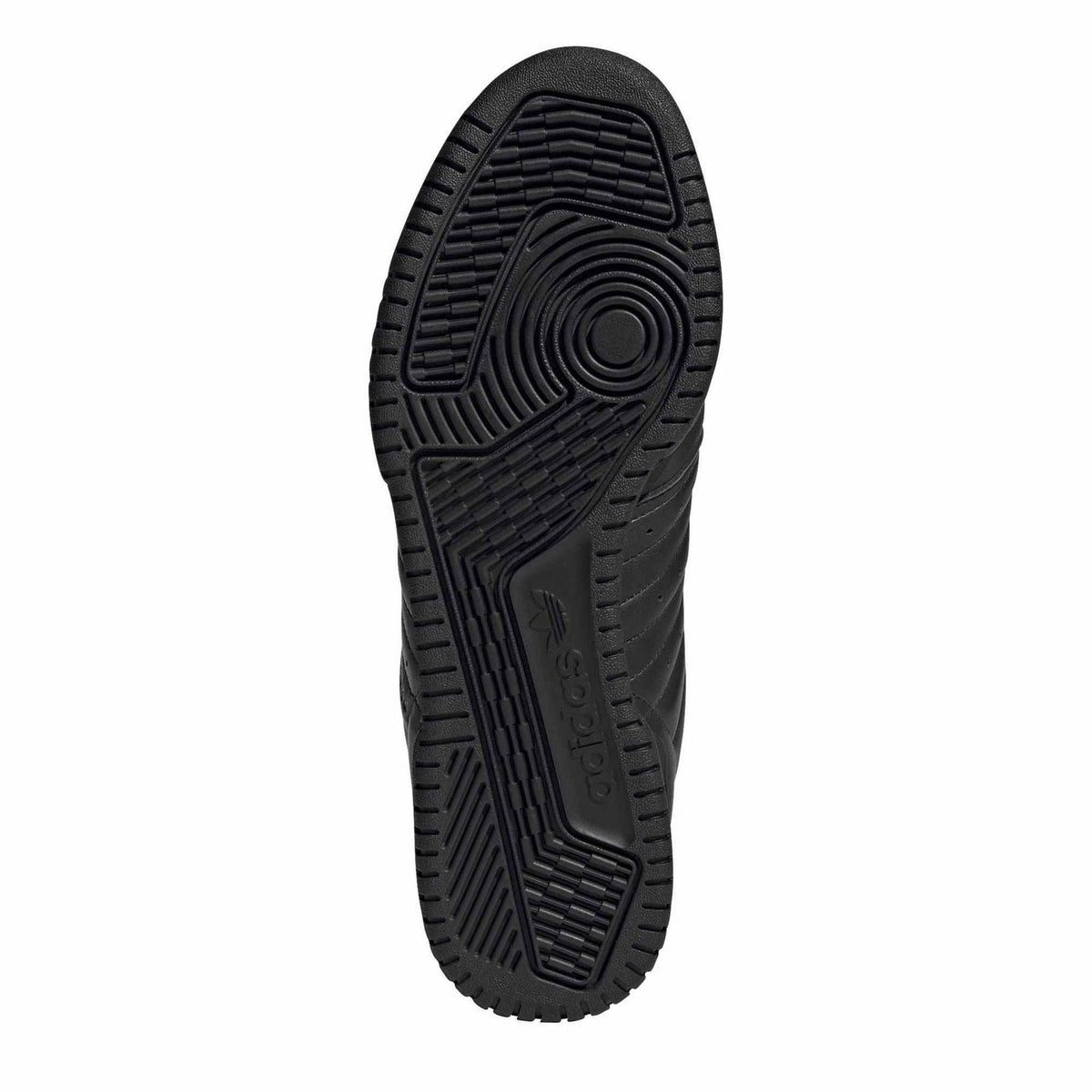 Black sneaker outsole with textured tread pattern and molded side channels