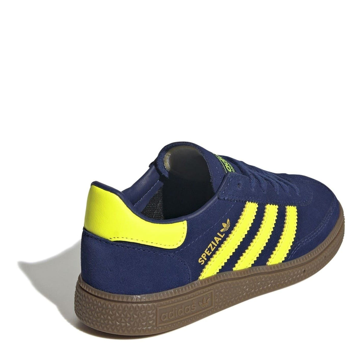 Kids' adidas Spezial sneakers, dark blue with neon yellow heel panel and gum platform sole