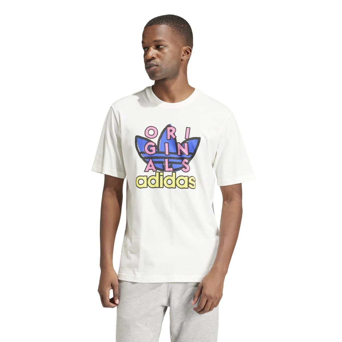 Off-white crew-neck short-sleeve T-shirt with multicolor 'ORIGINALS' adidas chest graphic