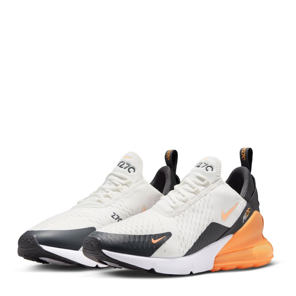 Nike Air Max 270 trainers, white knit with black tongue and orange heel unit