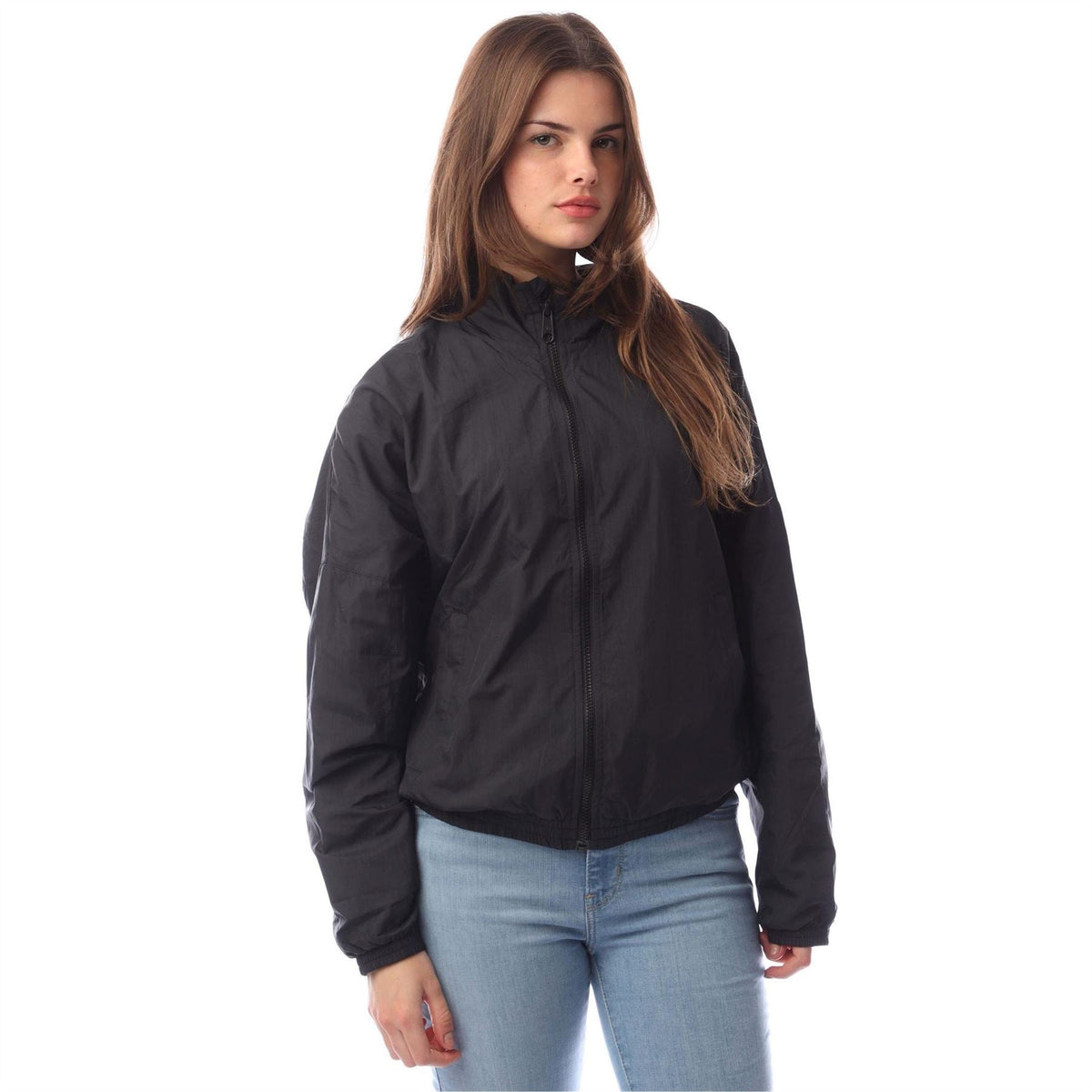 Black nylon track jacket with zip front and stand collar