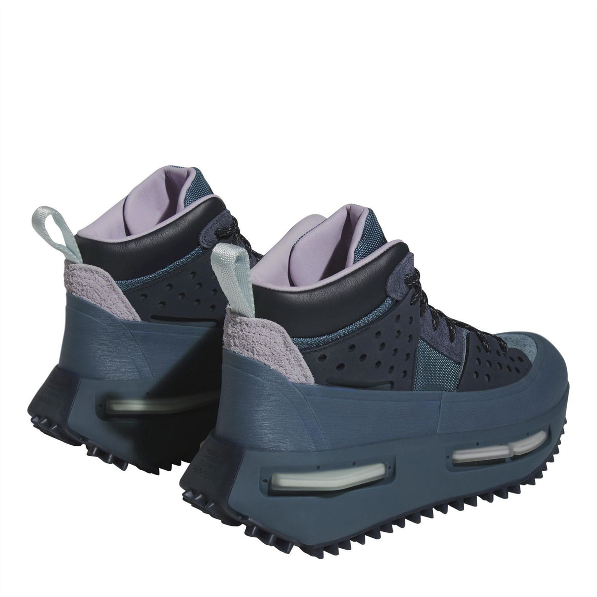 Pair of blue lace-up high-top sneakers with perforated uppers, cushioned midsole, tread.