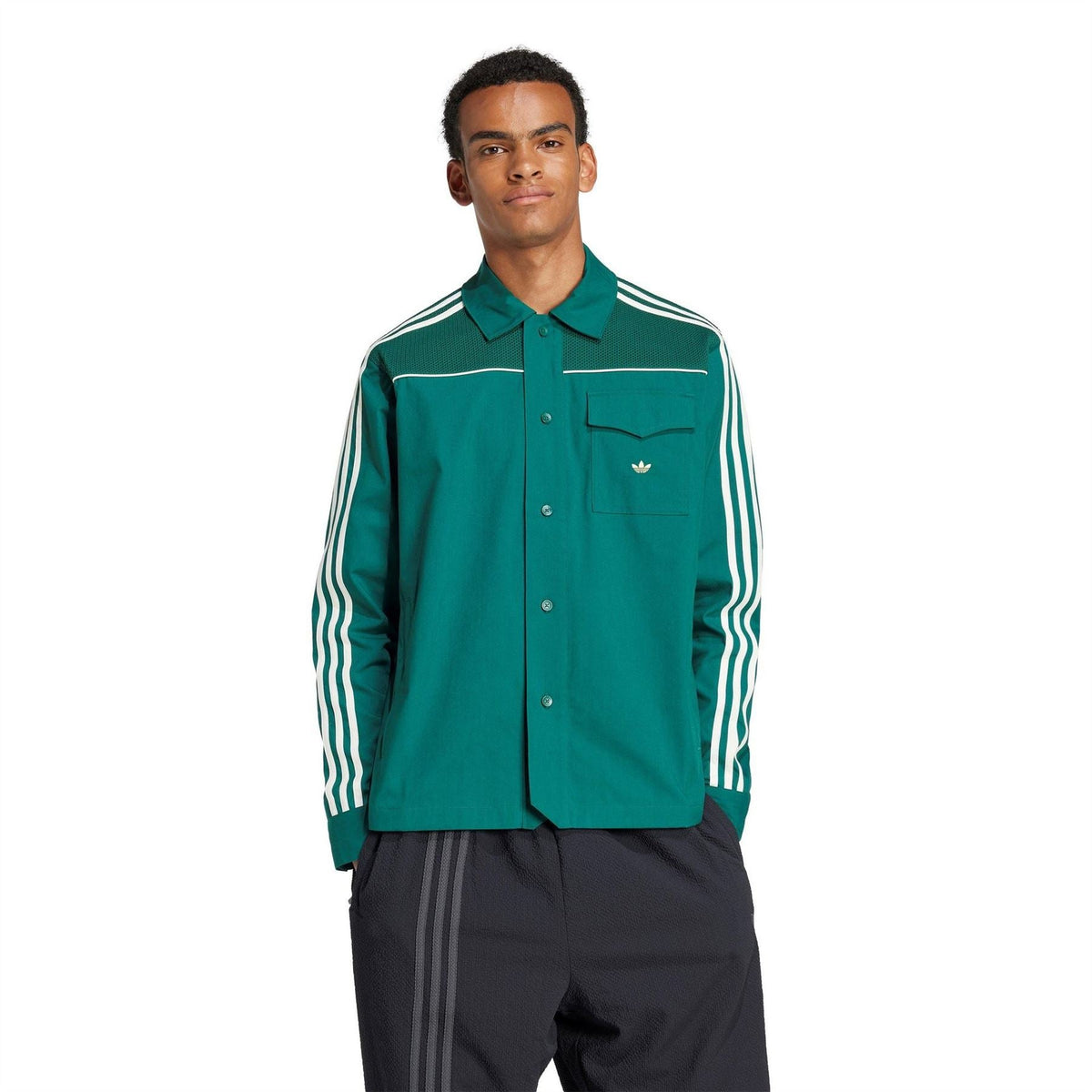 Green button-up jacket with stand collar and white triple sleeve stripes, trefoil logo