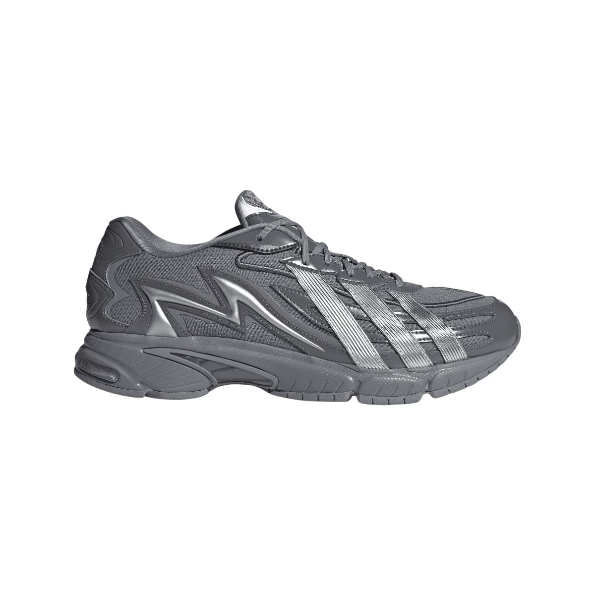 Grey adidas lace-up trainers with silver side stripes and chunky cushioned sole