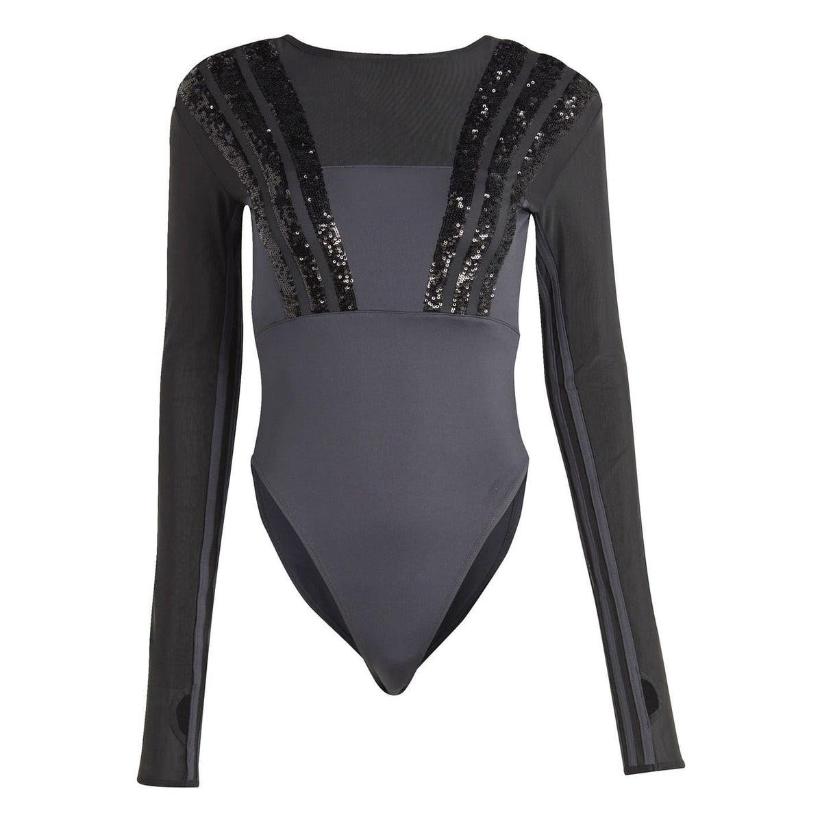 Black slim-fit long-sleeve bodysuit with sheer mesh and sequin stripe detailing