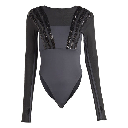 Black slim-fit long-sleeve bodysuit with sheer mesh and sequin stripe detailing