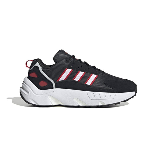 Black, white, and red adidas Originals ZX 22 Boost trainers with striped upper and chunky sole