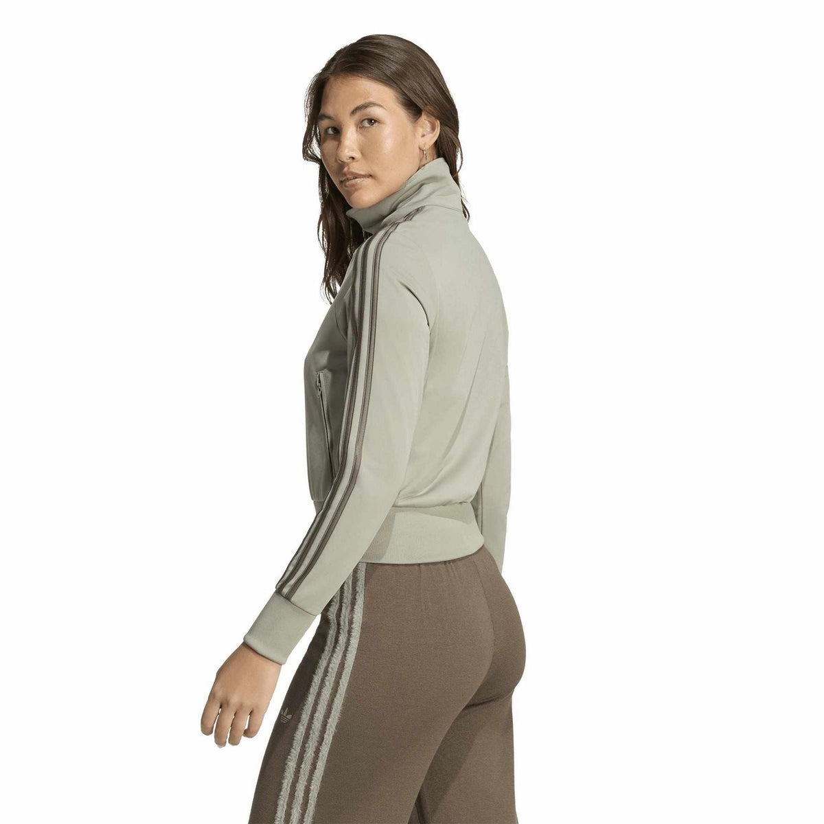 Sage zip-up track jacket top with stand collar and vertical stripe detail on sleeve