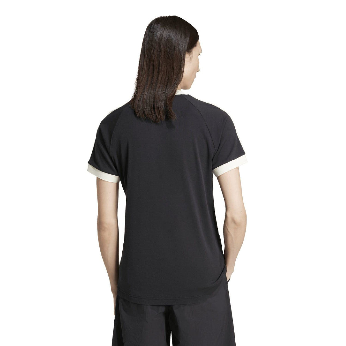 Black adidas Originals T-shirt shown from the back with contrast striped sleeve hems