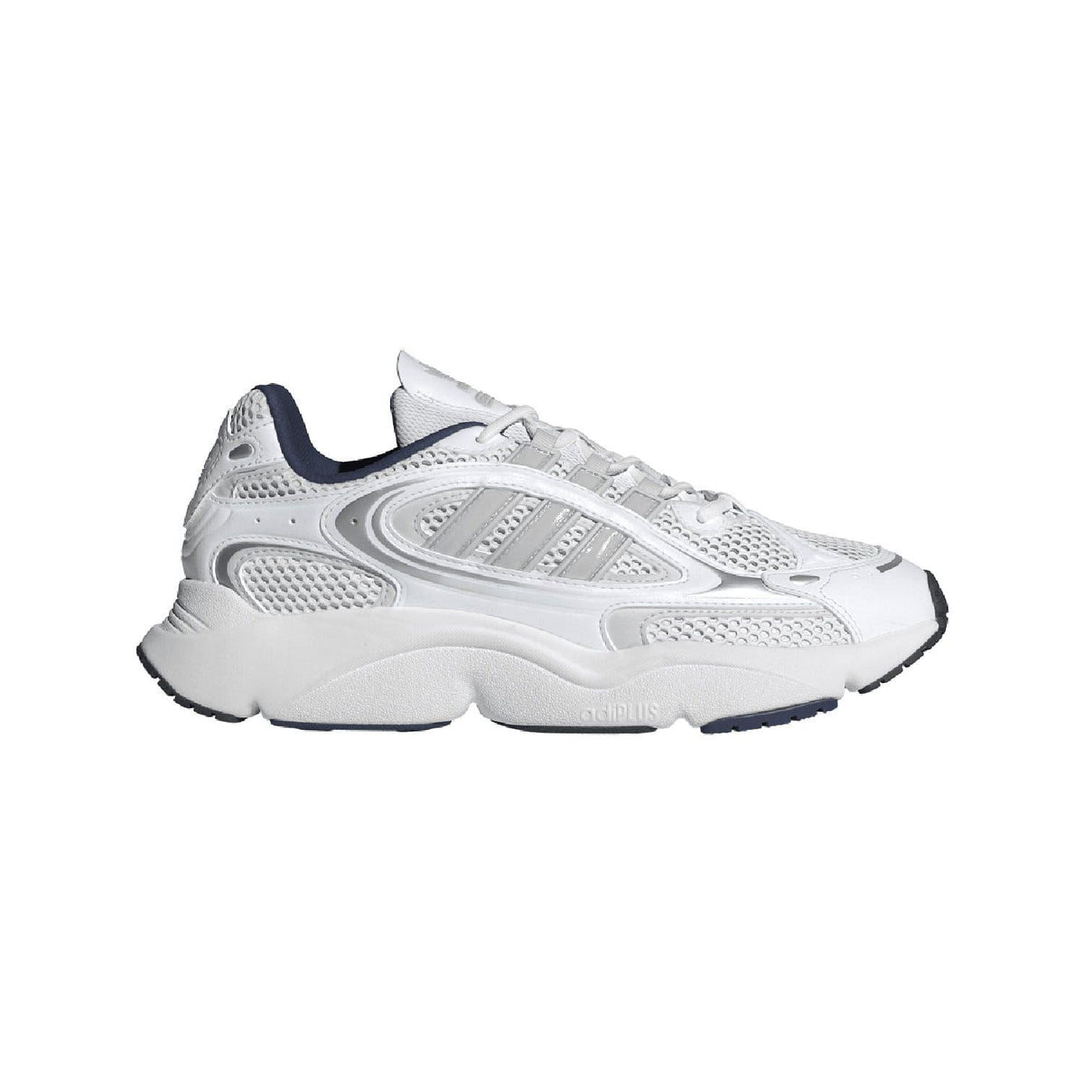 White and grey mesh trainers with navy heel lining and padded tongue