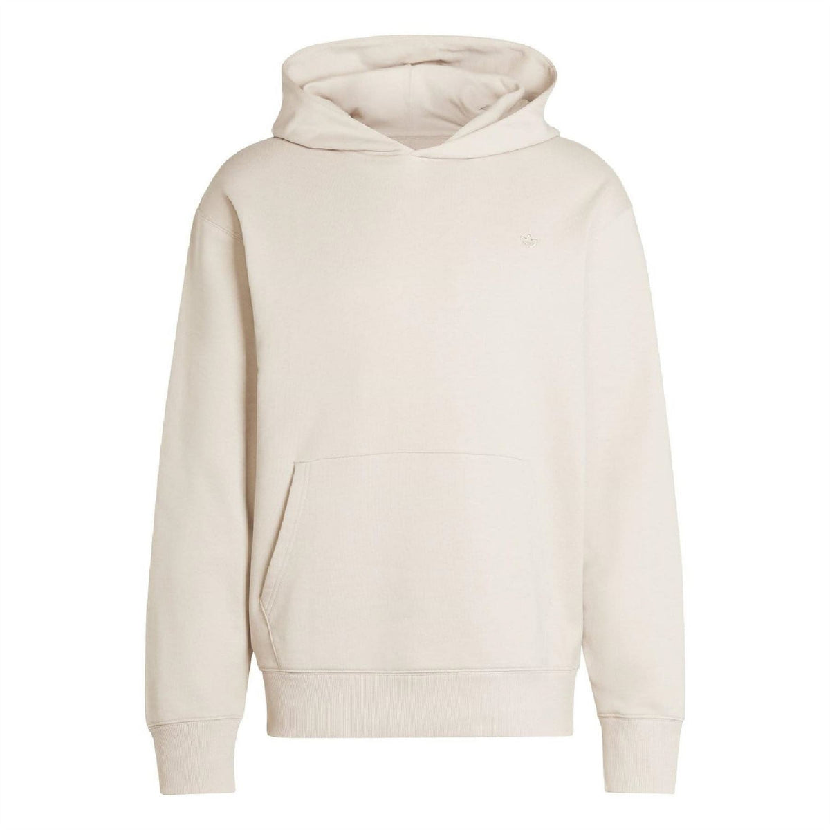 adidas Originals beige hoodie with small chest logo, hood, and kangaroo pocket