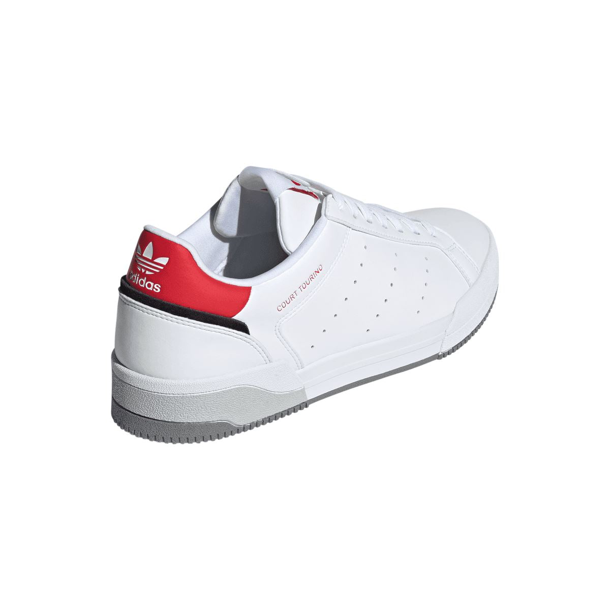 White adidas Originals trainers with red heel collar stripe and “COURT TOURINO” side text