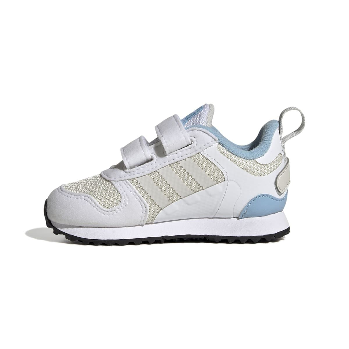 Infant white, beige, and light-blue trainers with Velcro straps and side signature stripes