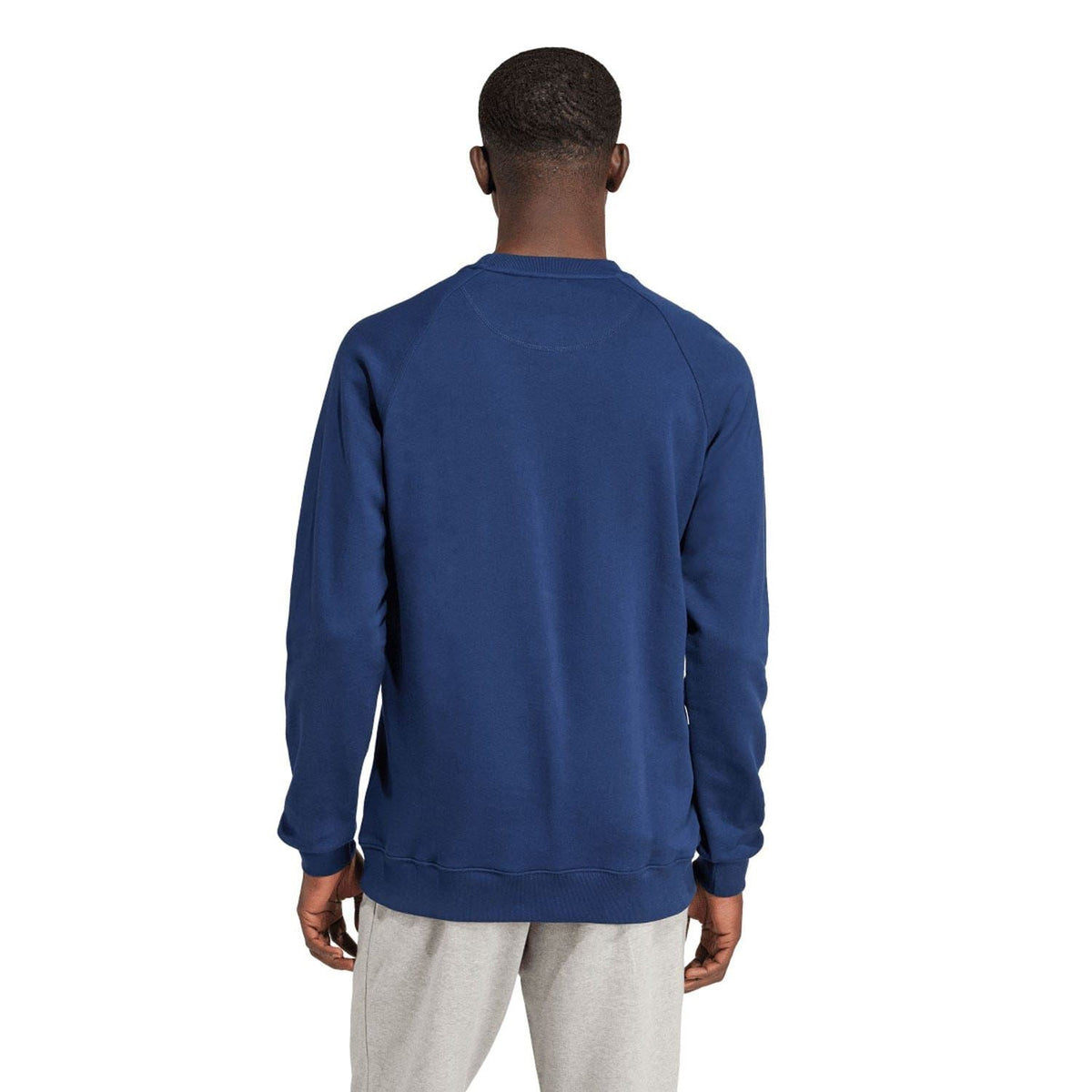Indigo crewneck sweatshirt, back view with ribbed hem and cuffs