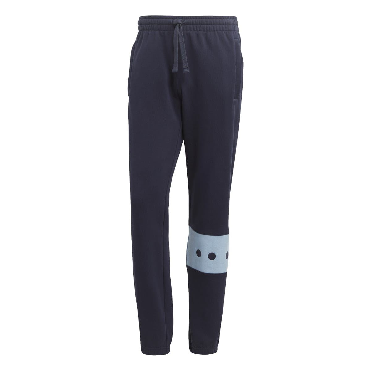 Navy mens joggers with elastic waistband, drawstring, and light-blue graphic panel on legs