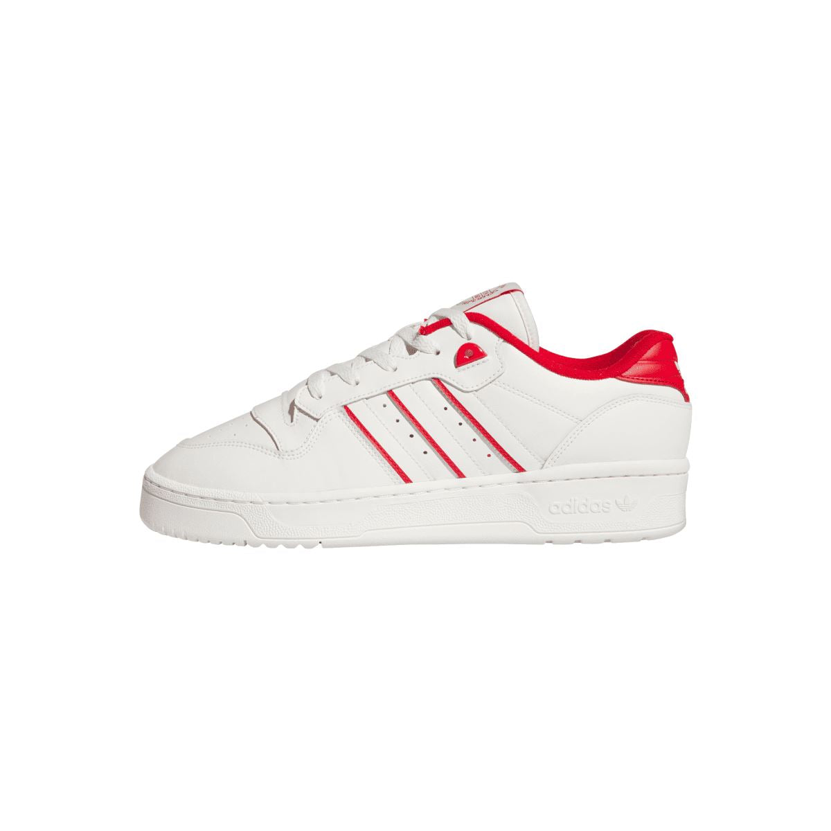 adidas Originals white low-top trainers with red stripes and red heel