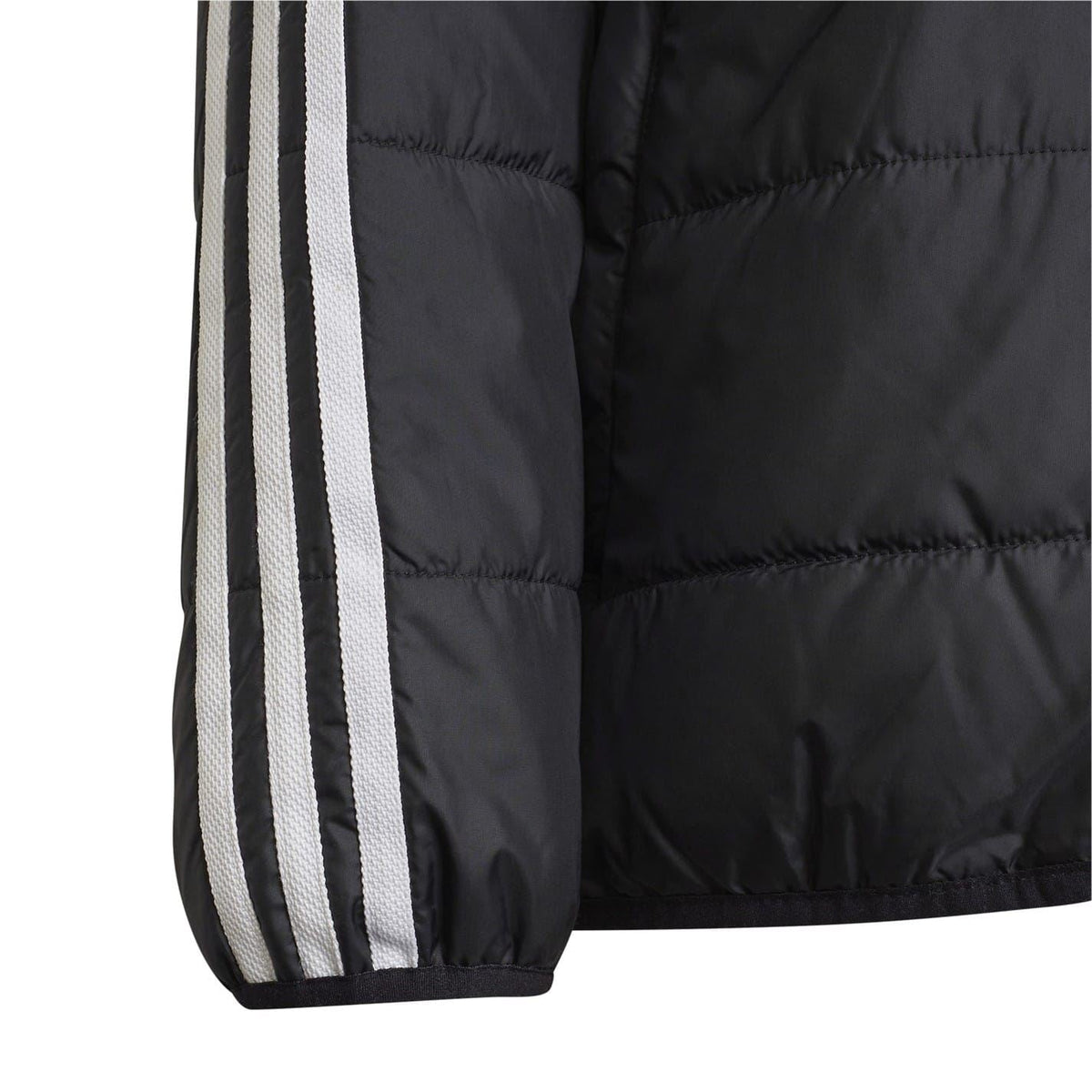 Black adidas puffer jacket sleeve with white side stripes and elastic cuff