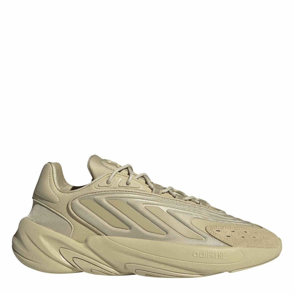 adidas Ozelia chunky lace-up sneakers in beige, molded side stripes, padded collar