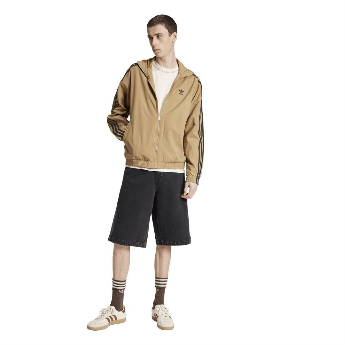 Tan adidas track jacket with hood, full zip, and Trefoil logo on chest