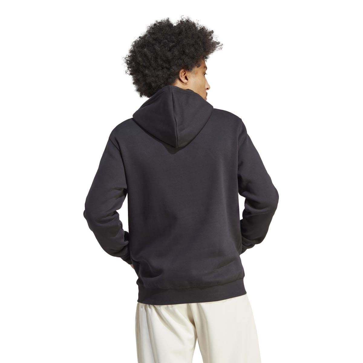 Black hoodie back view with drawstring hood and ribbed hem