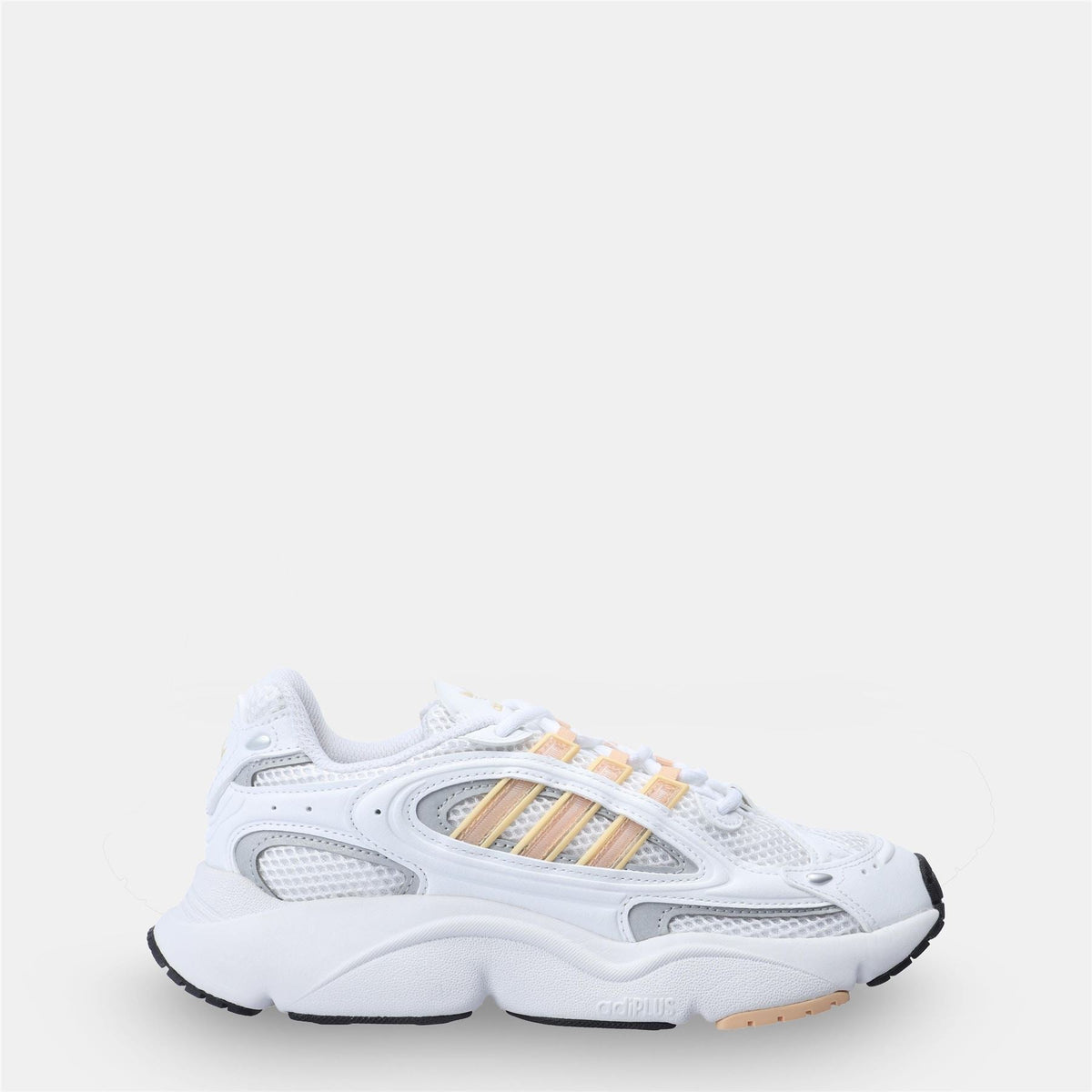 White adidas Originals Ozmillen lace-up trainers with side stripes and gum sole